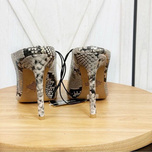Express Snake Reptile Print Heeled Mules Shoes Ivory Gold 7 New Pointed Toe - Picture 6 of 10